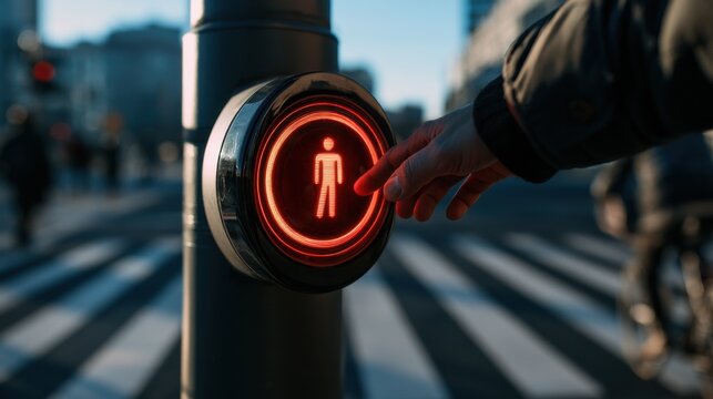 Person pushing a pedestrian crossing button on a street in a city during the day