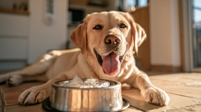 Dog resting near food bowl with ice in a bright kitchen during daytime