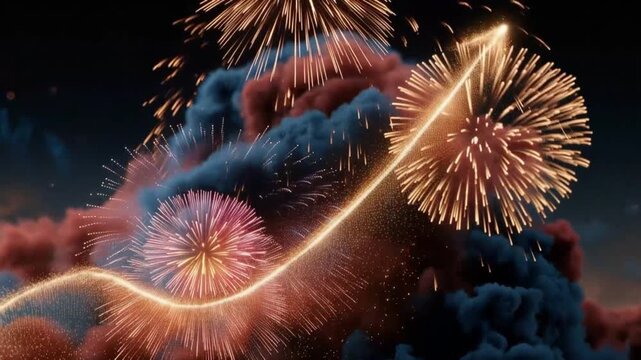Abstract 3D explosion of fireworks with upward trending arrow amidst smoky clouds in a night sky, symbolizing progress. ..Created with Generative AI, not depicting real subjects.