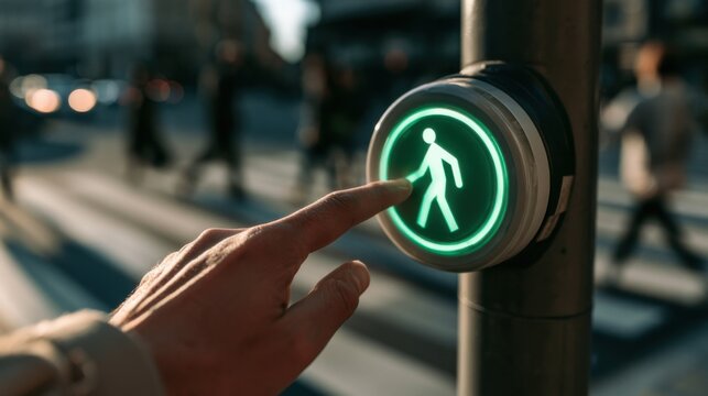 Person pressing pedestrian crossing button in a busy city during daylight