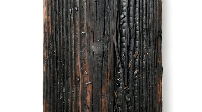 Charred Pine Wood Board Texture with Deep Scorched Grooves on White Background