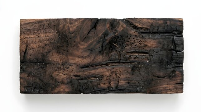 Charred Walnut Wood Plank Texture with Scorched Timber Surface on White Background