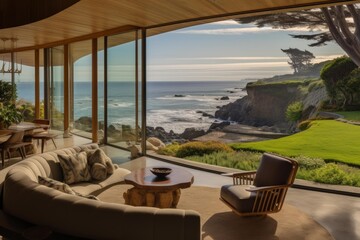 Fototapeta premium Modern mid century living room with curved sofa offering expansive coastal views from a luxury home