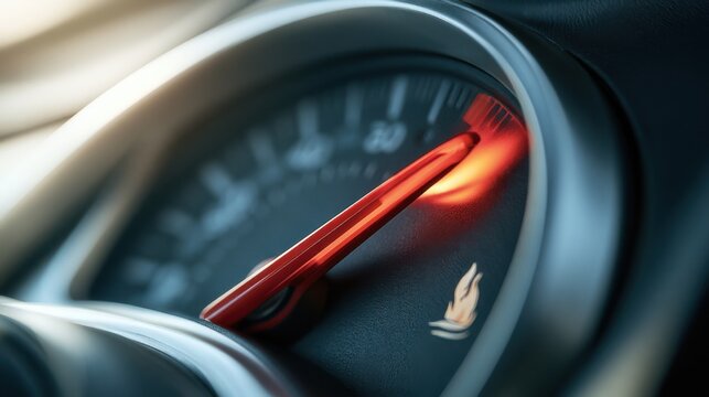 Dashboard warning light shows that the engine temperature is too high in a car during a daytime drive