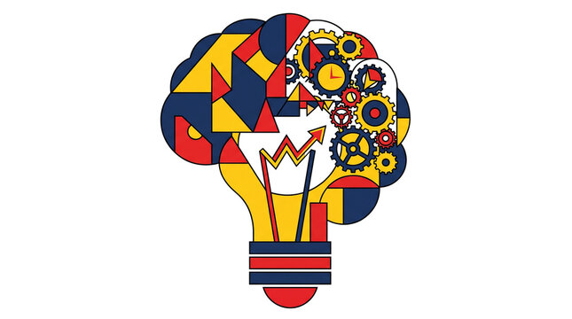 Creative Brain Lightbulb Concept with Clockwork Gears Bauhaus Style Isolated on White