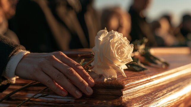 Ceremony at gravesite in the afternoon with attendees and flowers placed on the coffin