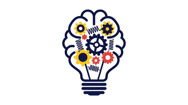2D Flat Vector Metaphor of Idea Lightbulb Brain Gears Isolated on Pure White Canvas