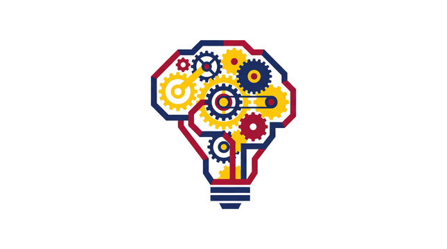Bauhaus Geometric Lightbulb Brain Machine Illustration for Technology and Learning