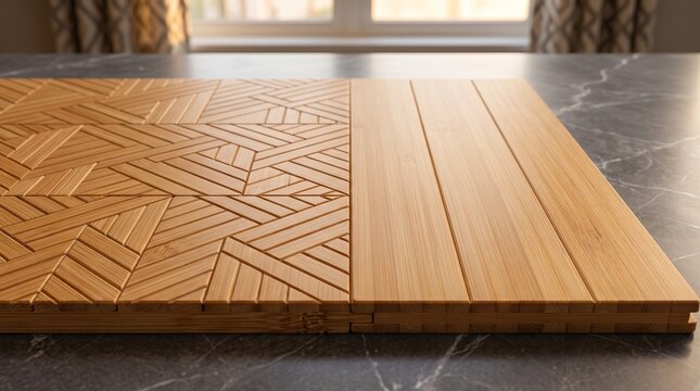 Light wood surface featuring a geometric parquet pattern with shallow depth of field and copy space