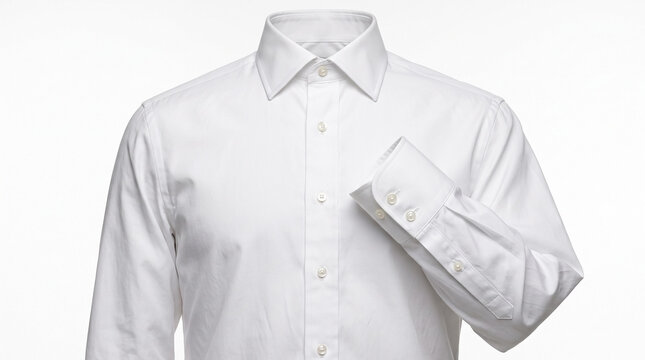 Mens white shirt close up showing sleeve cuff and collar details on plain background. Mens white shirt made from premium cotton with elegant buttons and fine stitching patterns.