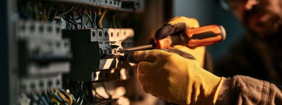 Electrician works on a circuit breaker panel in a dimly lit room during afternoon hours