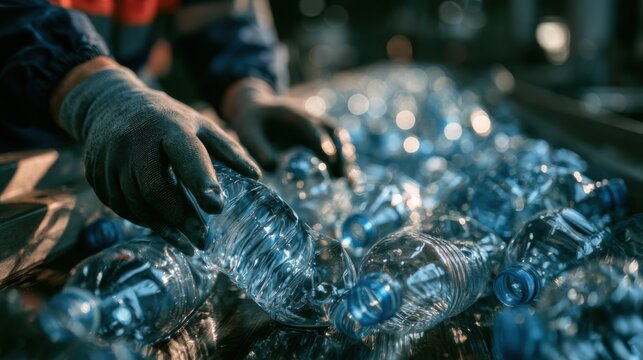 Workers sort plastic bottles at a recycling plant in the afternoon under bright lights