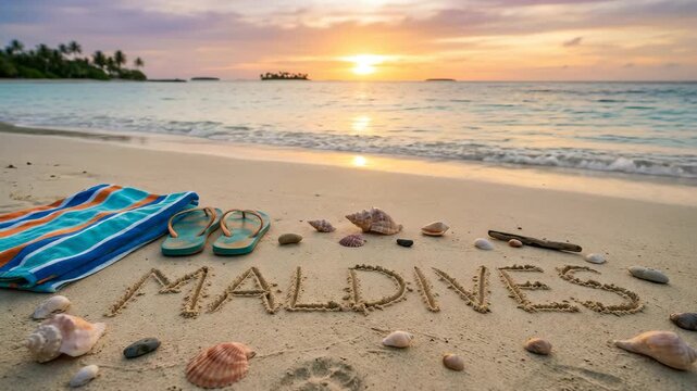 tropical holiday beach maldives written in sand with seashells flip flops and towel soft sunrise light video