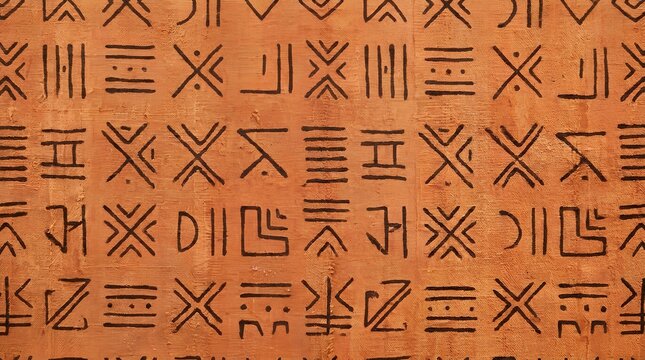 Traditional African pattern with black tribal symbols on orange textured background.