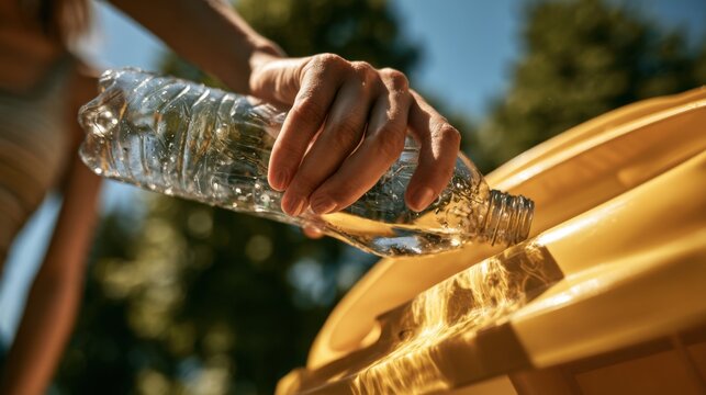Person pouring water from a bottle into a yellow bin during outdoor activity in a park