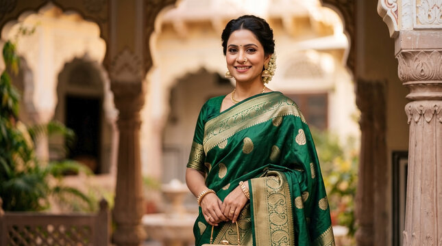 Smiling woman wearing silk saree with rich woven border poses inside historic palace courtyard. Luxurious green silk saree highlights traditional ethnic design. Elegant silk saree for luxury lookbook.