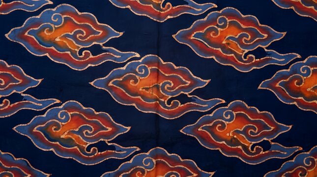 Traditional blue and orange batik cloud pattern texture.