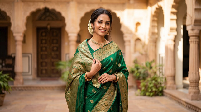 Indian woman wearing traditional saree with gold embroidery stands in historic courtyard. Rich silk traditional saree showcases cultural heritage attire. Classic traditional saree for fashion catalog.