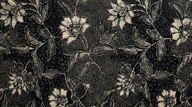 Traditional Indonesian batik fabric with white floral and leaf patterns.