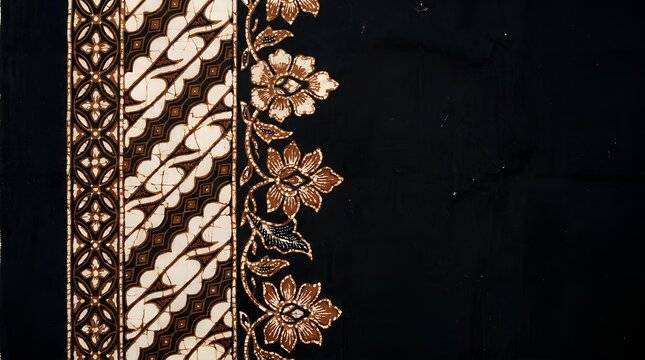 Traditional Indonesian batik floral border pattern on dark background.