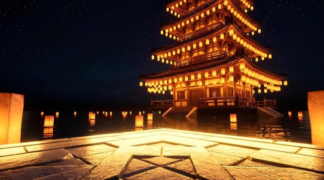 Traditional pagoda at night with lanterns.