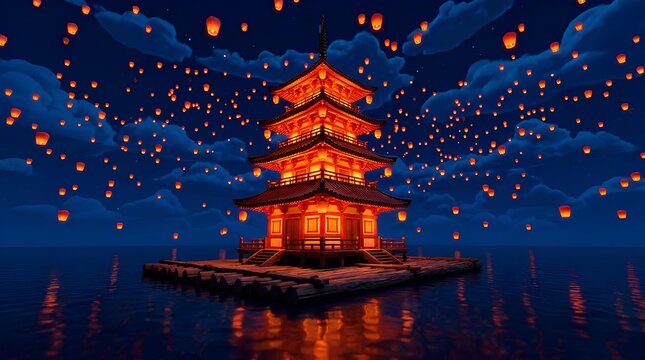Traditional pagoda on water at night with floating lanterns and sky reflection.