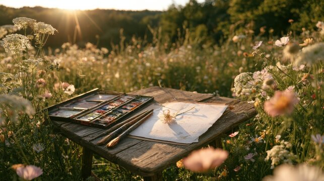Sunset painting setup in a flower field with brushes and watercolor palette