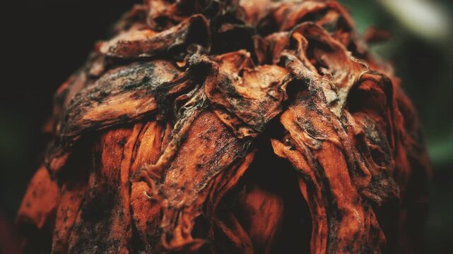 Dead Marigold flower head vintage colour pull look close up stock footage