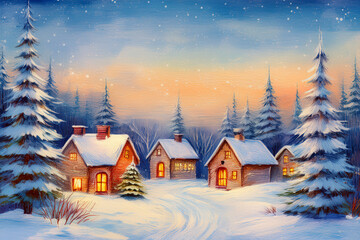 Fototapeta premium Cozy Snowy Village Glowing in a Quiet Winter Forest