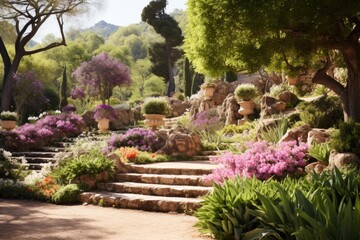 Obraz premium Terraced garden displaying stone steps, vibrant blooming flowers, green shrubs, and mature trees