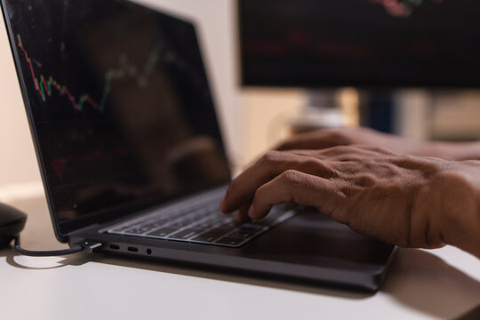 Professional trader analyzing stock market charts on laptop, tablet, and monitor while reviewing candlestick patterns, technical indicators, and market trends to support informed investment decisions.
