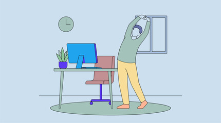 Fototapeta premium Person stretching at a desk with computer, plant, and chair, flat design office scene with clock and window