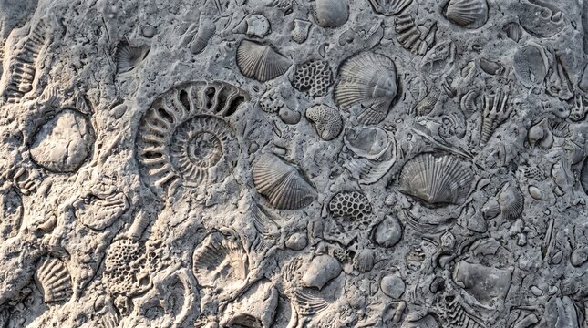 Ancient Marine Fossils and Ammonite Embedded in Sedimentary Rock