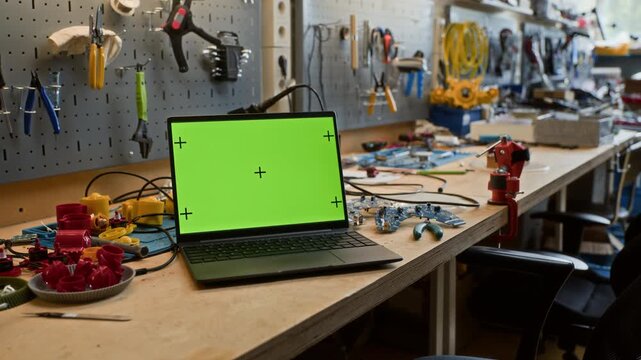 Laptop with green screen chroma key sitting on wooden workbench in robotics workshop surrounded by tools and electronic components. Footage is ideal for tech tutorials or software mockups