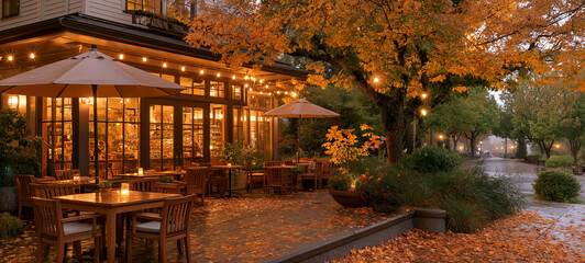 Fototapeta premium Autumn Ambiance: An inviting outdoor restaurant patio adorned with twinkling lights and colorful fall foliage, offering a warm and cozy atmosphere for a delightful dining experience.