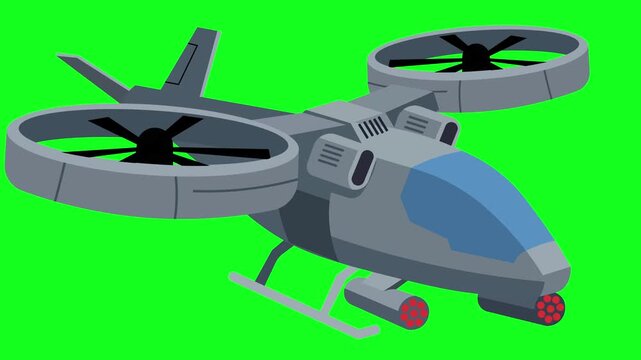 Sci-fi military VTOL drone helicopter hover floating seamless loop animation with spinning ducted fan rotors on green screen motion graphic video asset