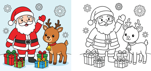 Fototapeta premium Cute Santa Claus and Reindeer with Christmas Gifts Coloring Page for Kids Activity Book Vector Illustration
