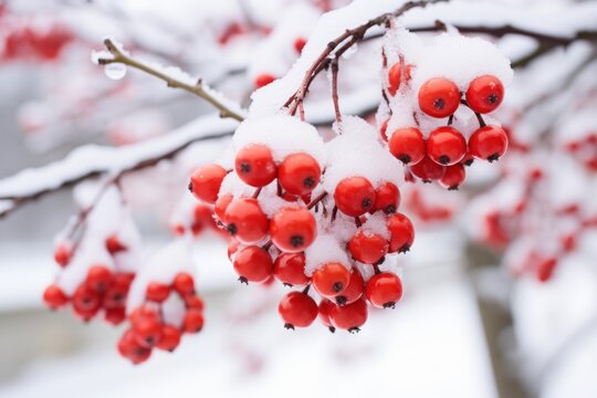 Red rowan berries contrasting with fresh white snow on a tree branch