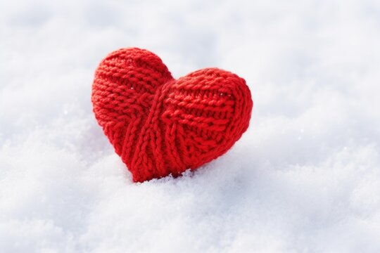 Knitted red heart standing in fresh white snow creating a symbol of love and season