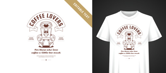 Naklejka premium Coffee cartoon mascot t-shirt template, warm sepia retro line art with friendly coffee cup character topped with heart, playful handwritten typography, fully editable text for custom apparel print