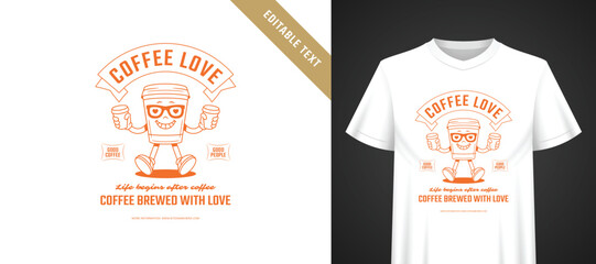 Naklejka premium Charming retro coffee cartoon t-shirt print template with editable text, warm orange line art, friendly coffee mascot for coffee related apparel and merchandise projects