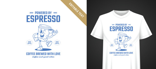 Naklejka premium Crisp monochrome blue t-shirt coffee cartoon template with editable text, playful winking espresso mascot, stacked retro typography, upbeat energized vibe for daily coffee drinker apparel