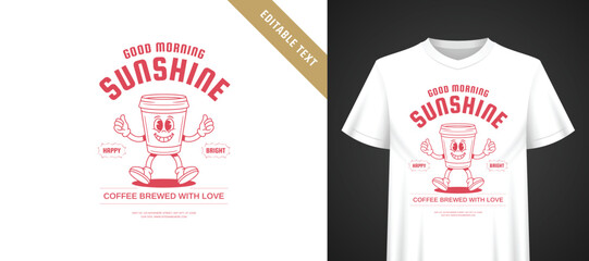 Naklejka premium Red monochrome t-shirt coffee cartoon template with editable text, arched retro varsity typography, cheerful thumbs up mascot, bright upbeat morning greeting vibe for everyday coffee lover apparel