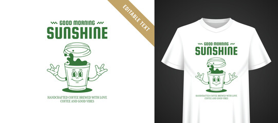 Naklejka premium Rich green monochrome t-shirt coffee cartoon template with editable text, playful rock gesture mascot with splashing drink, warm cozy good morning vibe for casual coffee lover apparel