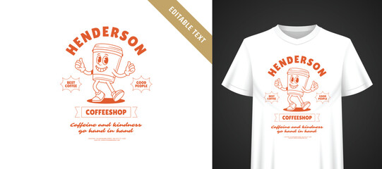 Naklejka premium Warm orange t-shirt coffee cartoon template with editable text, arched vintage lettering, cheerful walking mascot, classic retro aesthetic for independent local coffeeshop branded apparel
