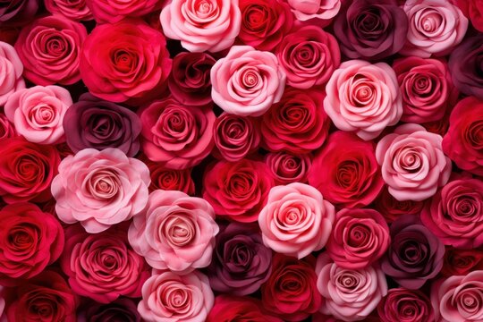 Vibrant pattern of red, pink, and burgundy roses filling the entire frame