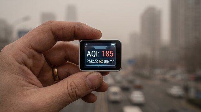 Hand holding a digital air quality monitor showing hazardous pollution levels in a city.