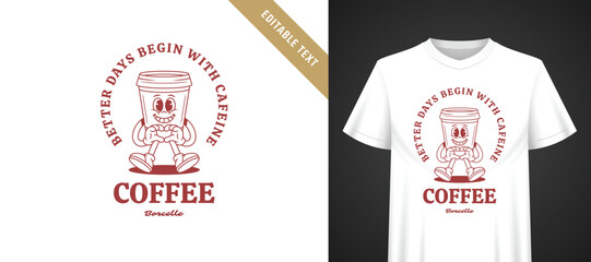 Naklejka premium Retro cartoon takeaway coffee cup t-shirt template with editable text, deep burgundy groovy line art, lighthearted caffeine themed quote print for casual everyday apparel projects
