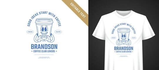 Naklejka premium Monochrome bright blue cartoon takeaway coffee t-shirt template with editable text, playful groovy retro mascot, positive idea focused quote layout for coffee community apparel