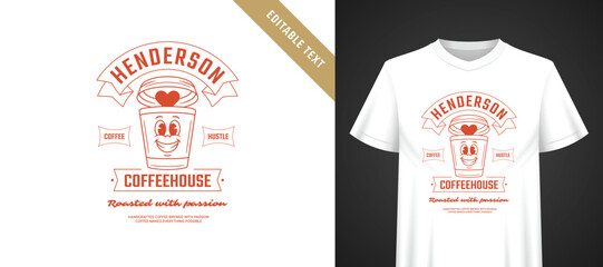 Naklejka premium Warm burnt orange cartoon coffee cup t-shirt template with editable text, vintage ribbon typography layout, cozy passion driven house aesthetic for small local coffee shop staff apparel